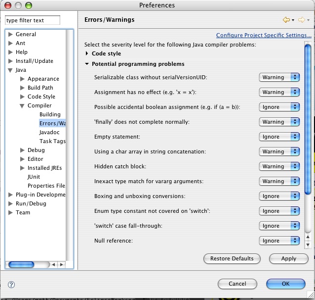 Preferences Setting in Eclipse