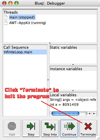 Click on Terminate in debugger to quit your program
