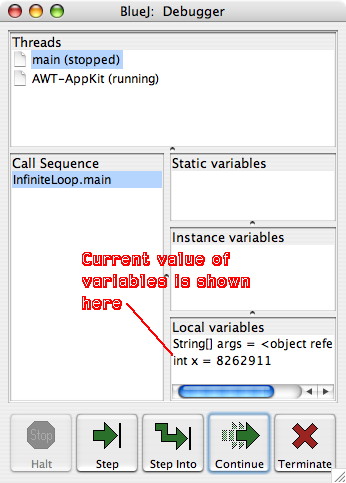 Value of variables shown in debugger window